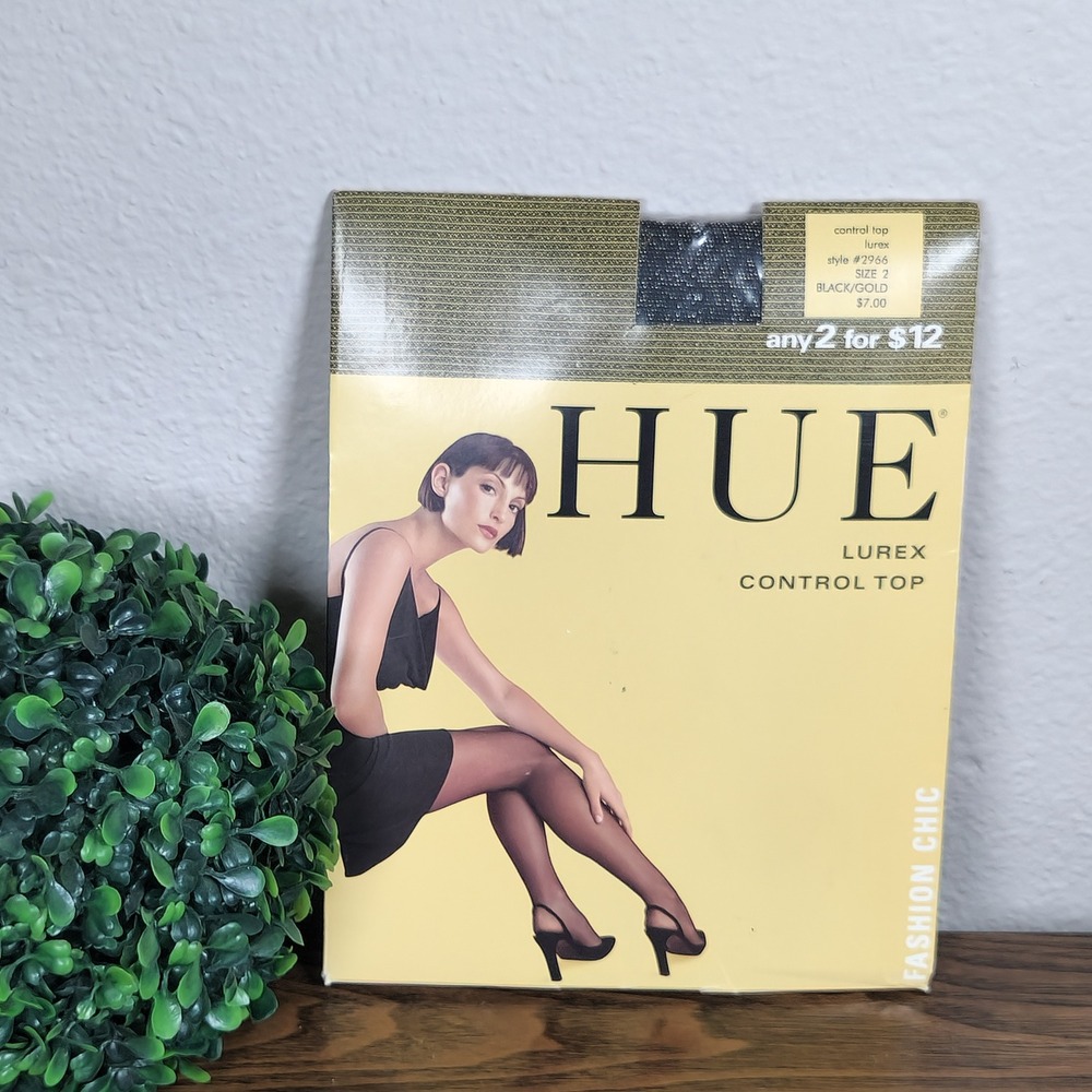 HUE Lurex Control Top Sheer Black/Gold Pantyhose Tights Size 2 Style 2966